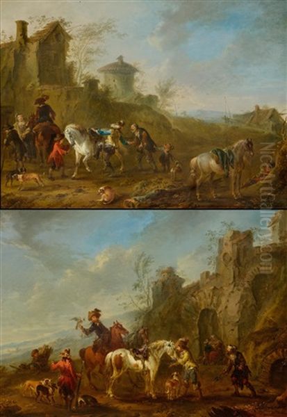 Pair Of Works: Traveller On Horseback In A Landscape/farrier Before A Rocky Cave Oil Painting by August Querfurt