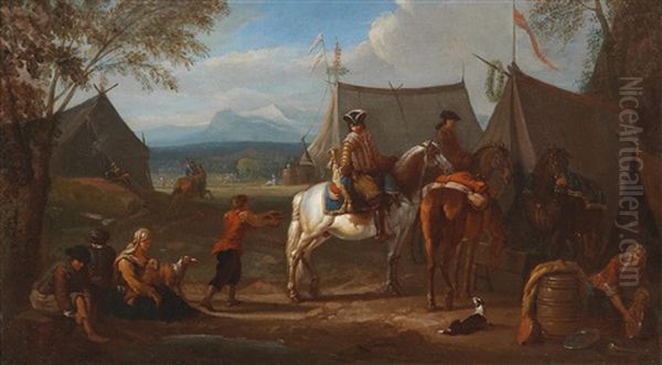 A Military Camp Oil Painting by August Querfurt