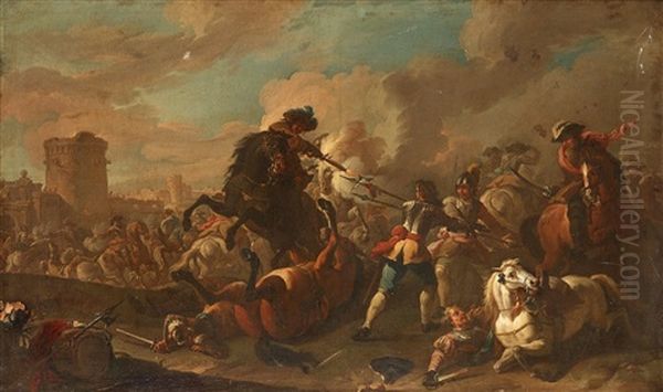 Battle Scene Ouside The City Wall Oil Painting by August Querfurt