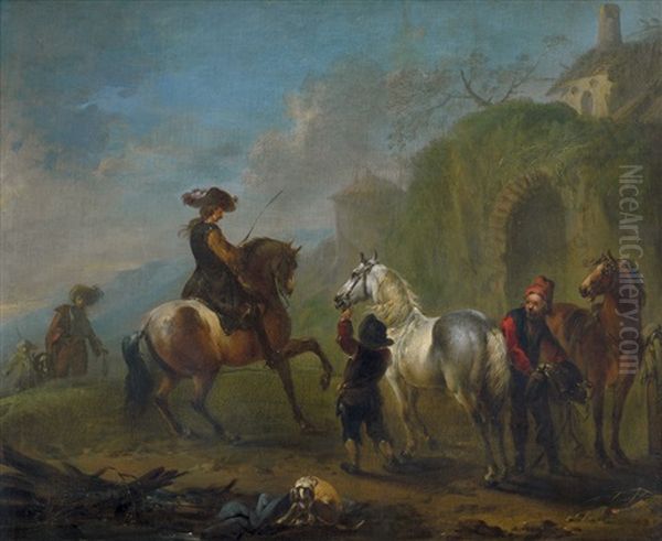 Reiter Bei Der Rast In Einer Landschaft Oil Painting by August Querfurt