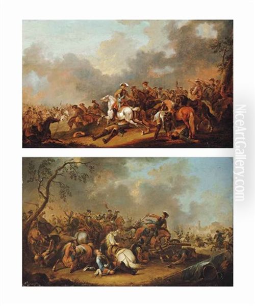 A Cavalry Skirmish; And A Siege Of A City Oil Painting by August Querfurt