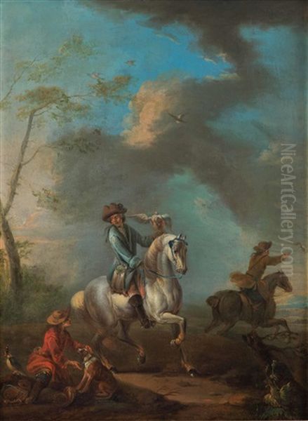 Zwei Reitende Jager Mit Falken, Diener Und Hunden Oil Painting by August Querfurt