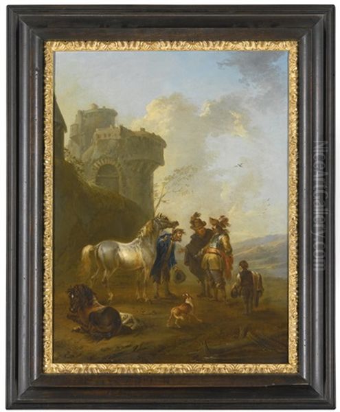 A Horsetrader Displaying His Wares And A Peasant Feeding Horses By A Rocky Archway (pair) Oil Painting by August Querfurt