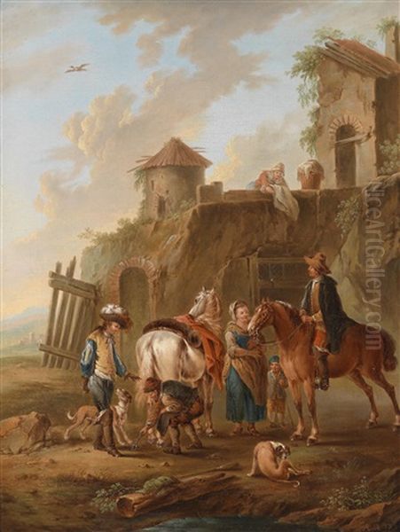 Eine Jagdgesellschaft Bei Der Rast Vor Einem Haus Oil Painting by August Querfurt