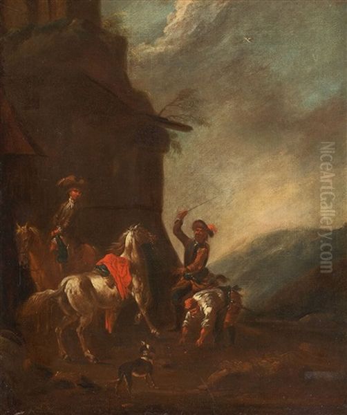 Landscape With Horsemen Oil Painting by August Querfurt