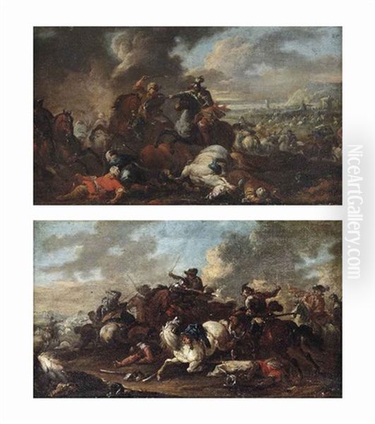 A Battle Between Knights And Ottomans And A Cavalry Skirmish (pair) Oil Painting by August Querfurt