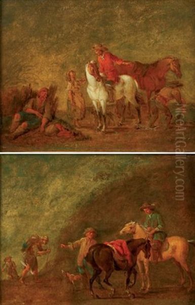 Cavaliers A Cheval Demandant Leur Chemin (pair) Oil Painting by August Querfurt