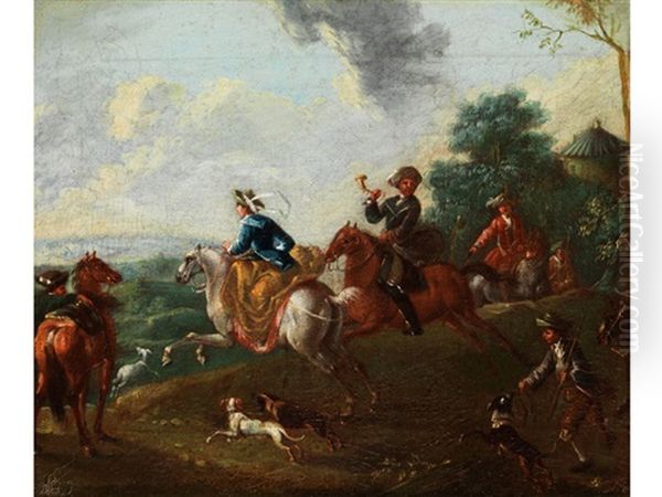 Jagdgesellschaft In Hugeliger Landschaft Oil Painting by August Querfurt