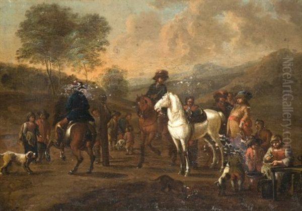 Reprise Equestre (+ Halte De Cavaliers; Pair) Oil Painting by August Querfurt