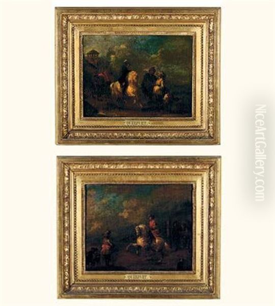 Scenes De Cavaliers (pair) Oil Painting by August Querfurt