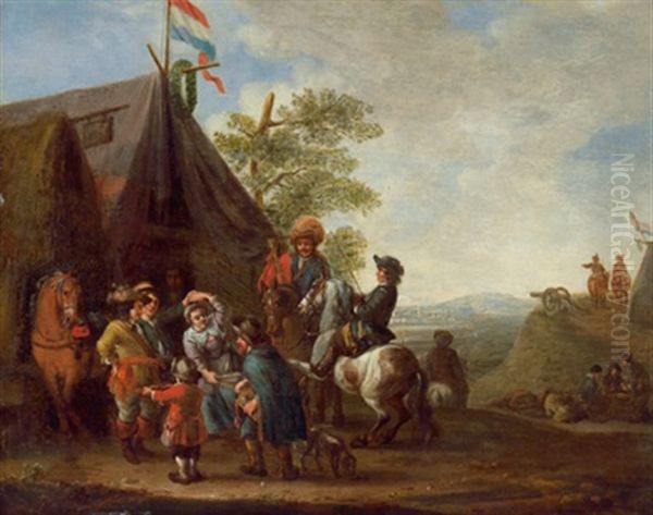 Reiterszene In Einem Feldlager Vor Einer Belagerten Stadt Oil Painting by August Querfurt