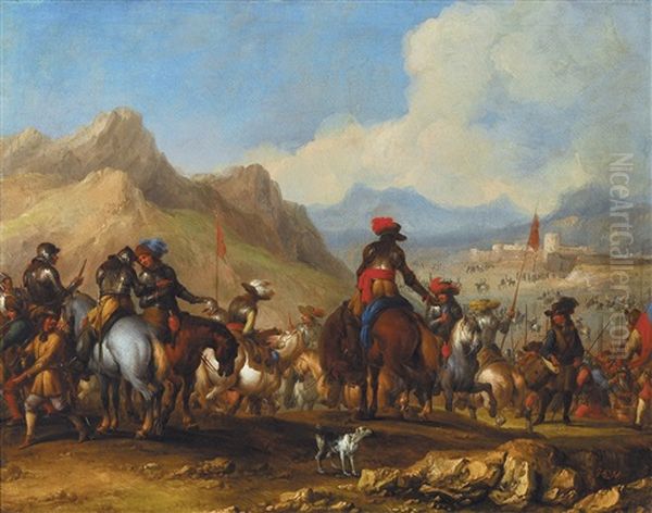 Cavalerie Pres D'une Ville Oil Painting by August Querfurt