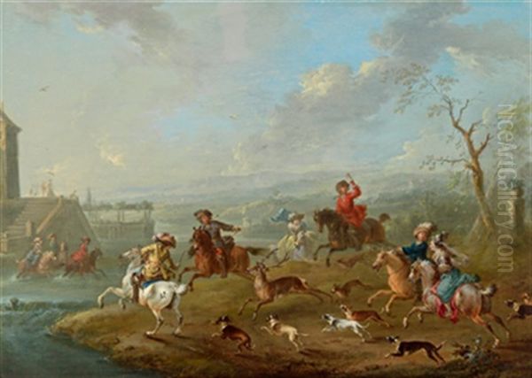 Elegante Gesellschaft Auf Der Hirschjagd Oil Painting by August Querfurt