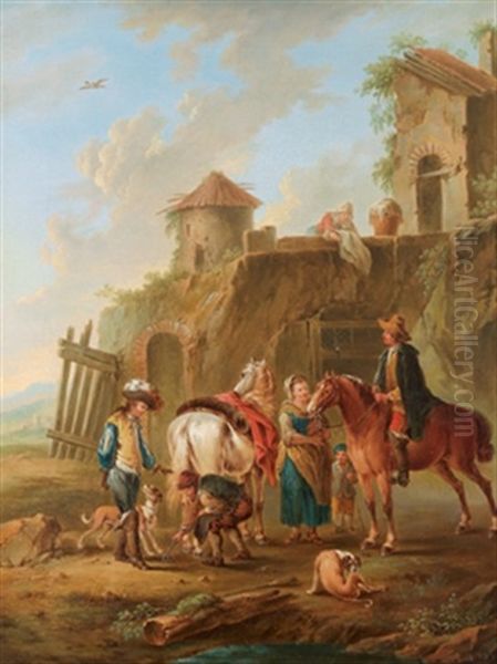 Jagdgesellschaft Bei Der Rast Vor Einem Haus Oil Painting by August Querfurt