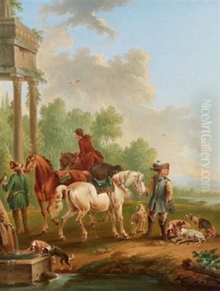 Jagdgesellschaft Bei Der Rast An Einem Brunnen Oil Painting by August Querfurt