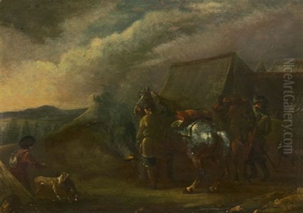 Zwei Reiter Vor Einem Zelt Am Feuer Oil Painting by August Querfurt