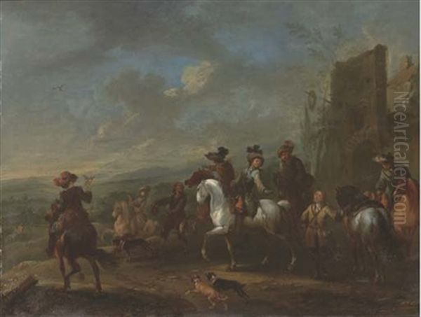 A Hawking Party By A Village, An Extensive Landscape Beyond Oil Painting by August Querfurt