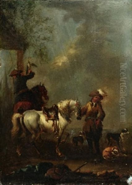 Falkenjagd (2 Works) Oil Painting by August Querfurt