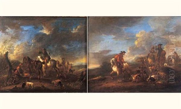 Le Depart Pour La Chasse (+ Le Retour De La Chasse; Pair) Oil Painting by August Querfurt