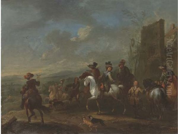 A Hawking Party By A Village, An Extensive Landscape Beyond Oil Painting by August Querfurt