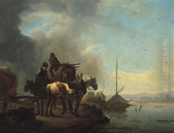 Pferde Mit Reitern Und Ein Mit Gutern Beladener Wagen An Einem Fluss Oil Painting by August Querfurt