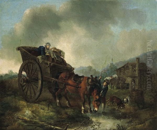 Ein Gesatteltes Pferd Mit Wagen Wird Von Einem Knaben Zur Tranke Gefuhrt Oil Painting by August Querfurt