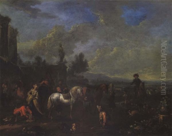 Reitergesellschaft Beim Aufbruch Zur Jagd Oil Painting by August Querfurt