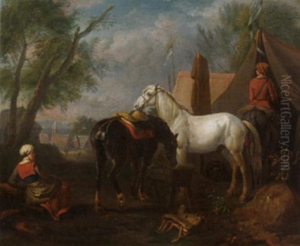 Zwei Pferde Am Futtertrog Im Zeltlager Oil Painting by August Querfurt