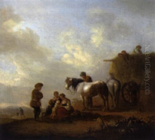 Rastende Bauern Vor Einem Heuwagen Auf Einem Feld Oil Painting by August Querfurt