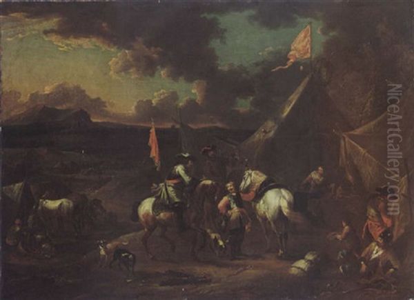 Soldiers And Horsemen Halted And Resting At A Military Encampment Oil Painting by August Querfurt