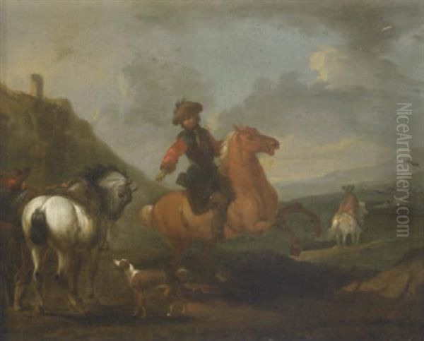 A Riding Party Preparing To Depart In A Mountainous Landscape Oil Painting by August Querfurt