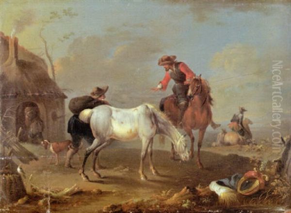 Ein Reiter Spricht Mit Einem Pferdeknecht, Der Sich An Einen Abgesattelten Schimmel Lenht Oil Painting by August Querfurt