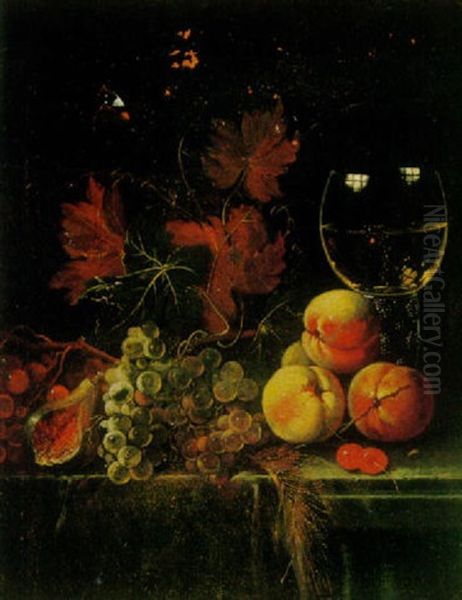 A Still Life With Fruit And A Wine Roemer On A Ledge Oil Painting by August Querfurt