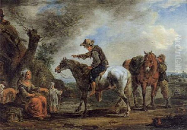 Rastende Reiter Und Eine Frau Am Wegesrand Oil Painting by August Querfurt