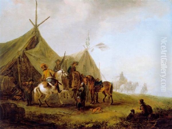 Cavaliers Devant Une Tente Oil Painting by August Querfurt