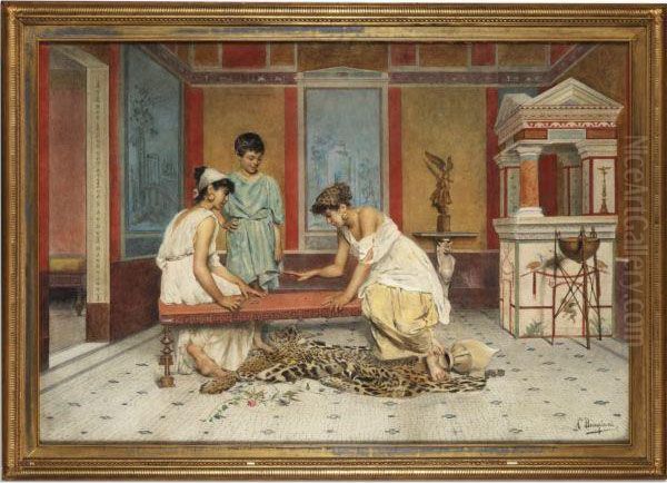 Playing Knucklebones In A Roman Villa Oil Painting by Augusto Bompiani