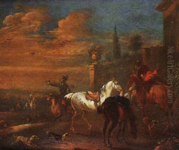 Le Depart Pour La Chasse Au Faucon Oil Painting by August Querfurt