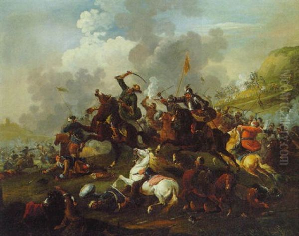 A Cavalry Skirmish Between Saracens And Turks Oil Painting by August Querfurt