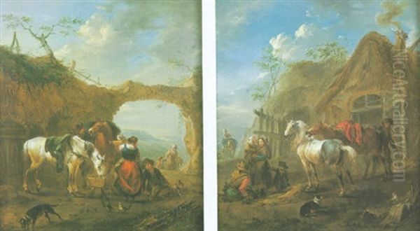 Chevaux Et Paysans Dans La Cour De La Ferme Oil Painting by August Querfurt