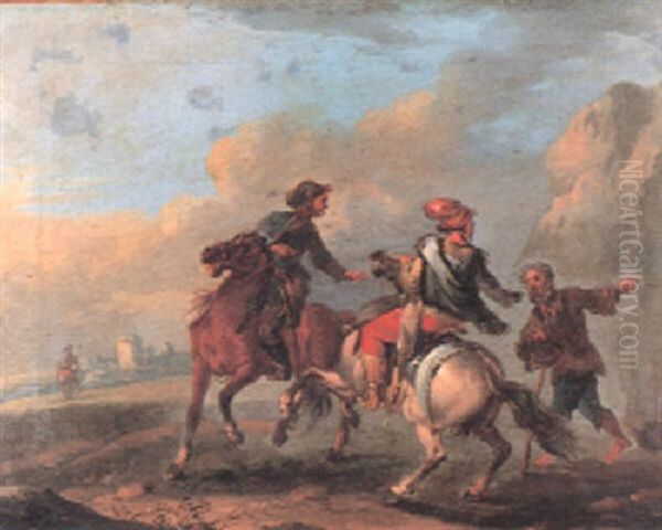 A Beggar Approaching Two Riders Oil Painting by August Querfurt