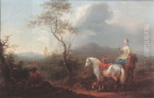 Landscape With A Lady And Gentleman Hawking, And Gentleman Resting Oil Painting by August Querfurt