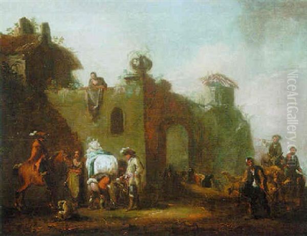 Riders Attending To Their Horses Beside A Fortified House, With Farmers Herding Their Animals Beyond Oil Painting by August Querfurt