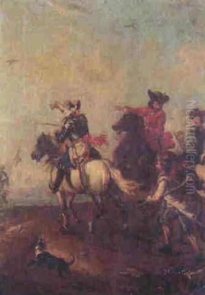 A Cavalry Officer Leading Foot Soldiers And Other Riders On A Path Oil Painting by August Querfurt