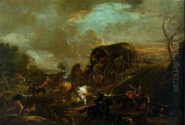 Bandits Ambushing Travellers In A Wagon On A Path Oil Painting by August Querfurt