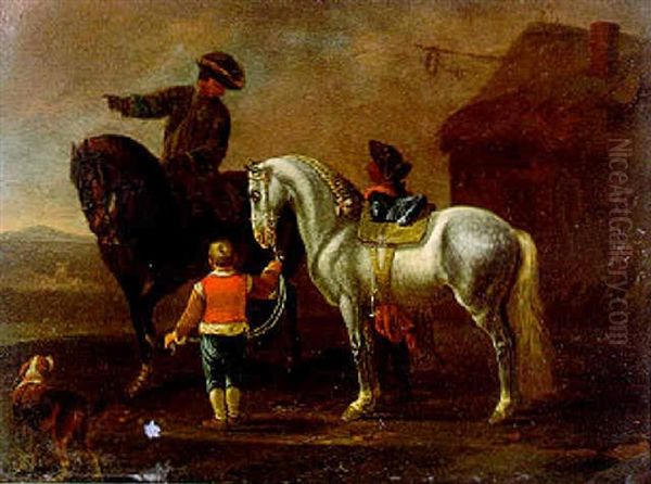 Zwei Reiter Mit Hund Und Einem Knaben Oil Painting by August Querfurt