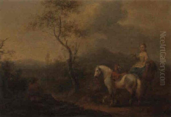 Landscape With A Lady And Gentleman Hawking Oil Painting by August Querfurt