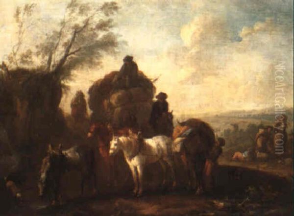 Waggoners At A Halt By A Stream Oil Painting by August Querfurt