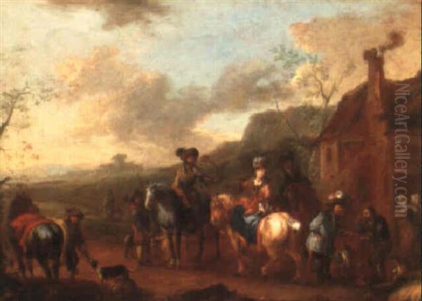 A Hunting Party Outside An Inn Oil Painting by August Querfurt