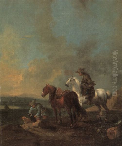 Two Huntsmen With Their Horses And Dogs Oil Painting by August Querfurt