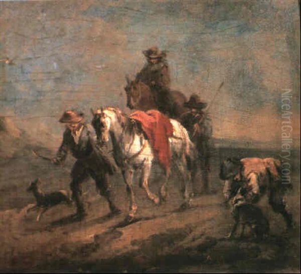 A Man Leading A Horse With His Companion Riding Behind      Accompanied By A Drover And Dogs Oil Painting by August Querfurt